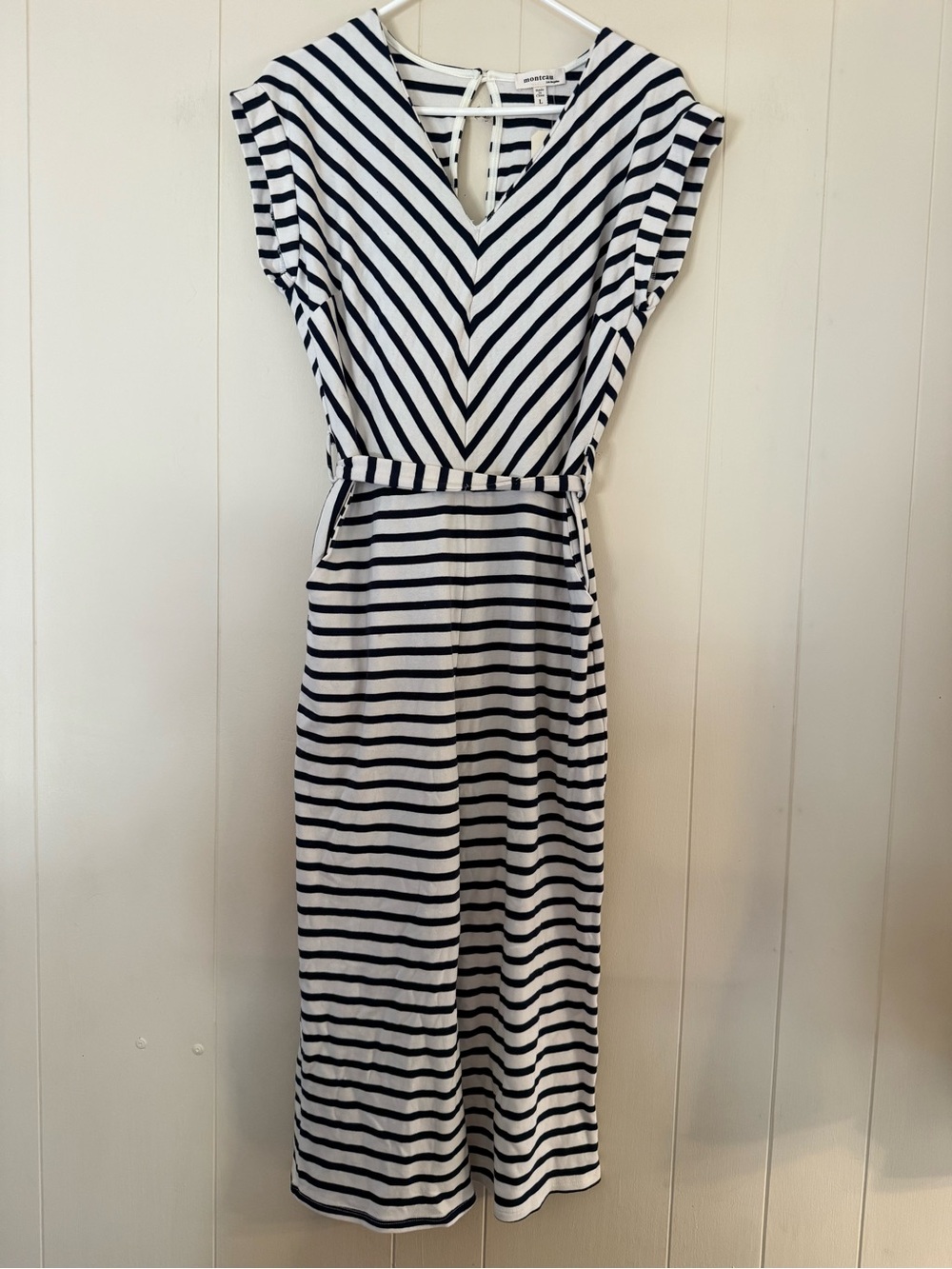 Monteau Navy and White Striped Tie-Waist Jumpsuit